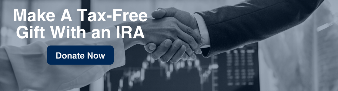Two people shaking hands, text "Make A Tax-Free Gift With an IRA", and donate now button